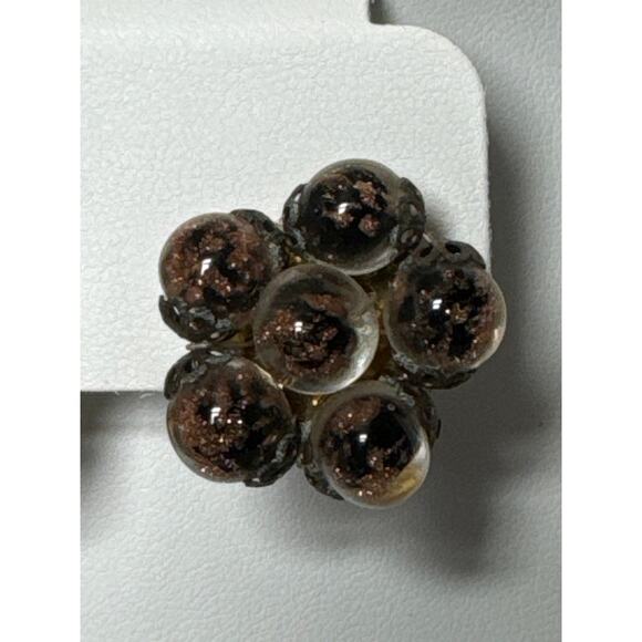 Vintage glass bead cluster clip earrings, brown marked made in Italy - Picture 5 of 12